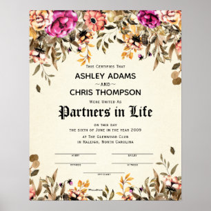 Póster Certificado de Boda Floral "Partners For Life"