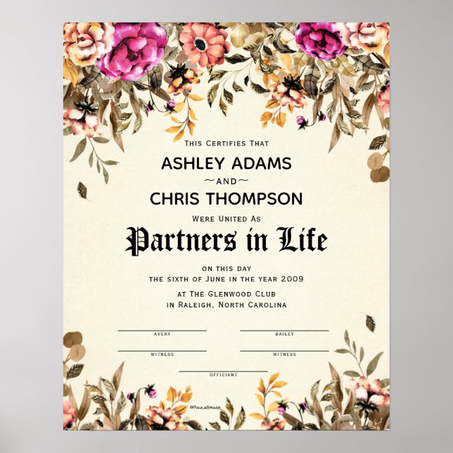 Póster Certificado de Boda Floral "Partners For Life" (Frente)