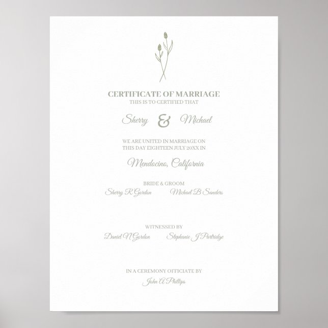 Póster Certificado de boda Flores Silvestres Florales Sag (Frente)