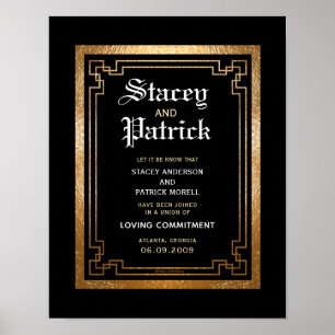 Póster Certificado de Boda simple geométrico de oro negro