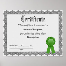 Póster Certificado de cinta verde de tercer lugar