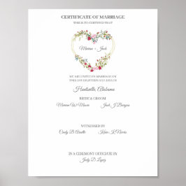 Póster Certificado de Corazón Floral Rojo y Rosa Boda