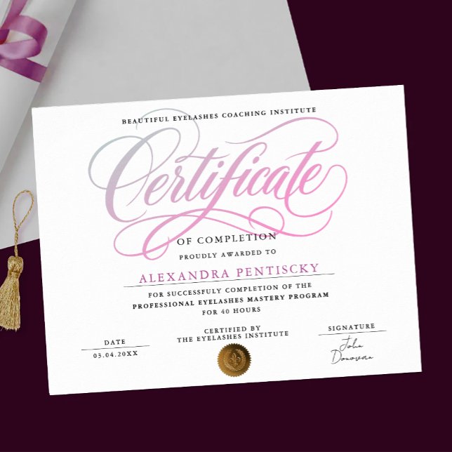 Póster Certificado de Curso de Salón de Belleza Rosa Blan (Subido por el creador)