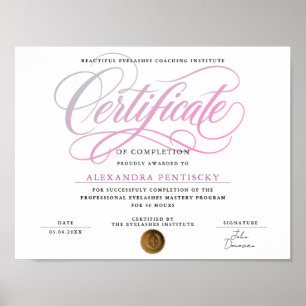 Póster Certificado de Curso de Salón de Belleza Rosa Blan