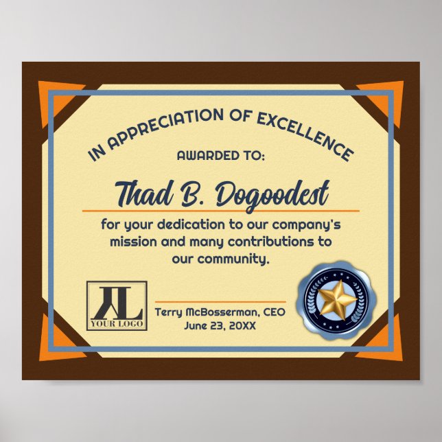 Póster Certificado de excelencia de reconocimiento de vol (Frente)