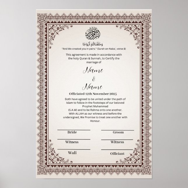 Póster Certificado de frontera floral islámica Nikkah (Frente)