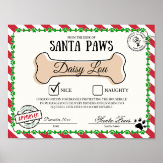 Póster Certificado de lista de perros de Santa Paw