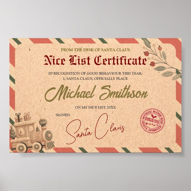 Póster Certificado de lista Santa Niza (Frente)