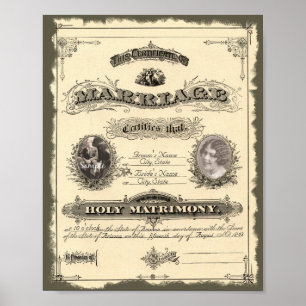 Póster Certificado de Matrimonio Antiguo del Siglo XIX