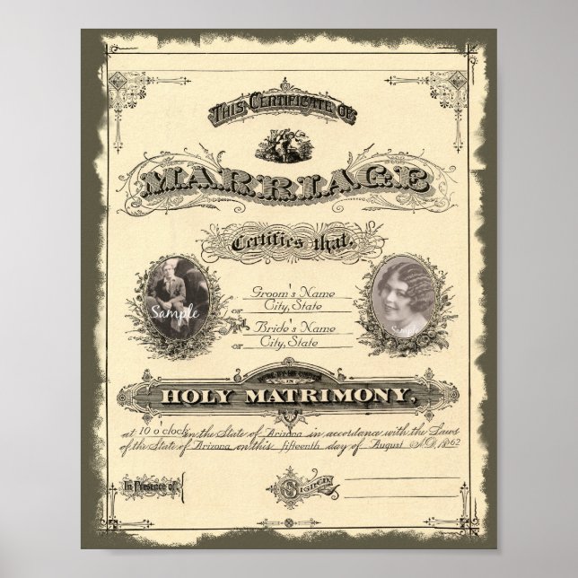 Póster Certificado de Matrimonio Antiguo del Siglo XIX (Frente)