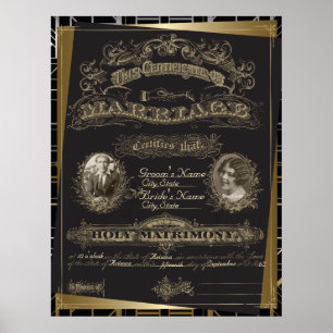 Póster Certificado de Matrimonio Clásico Gatsby Deco