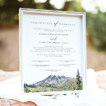 Póster Certificado de matrimonio de acuarela de MONT RAIN<br><div class="desc">Este certificado de matrimonio incluye una pintura acuarela del Parque Nacional Mount Rainier en Washington. Edite con facilidad *most* frases y cambie las fuentes para que coincidan con tu ceremonia y el estilo de la pareja. Para la mejor calidad, asegúrate de usar papel mate para que las firmas no se...</div>