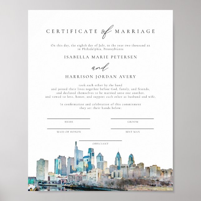 Póster Certificado de Matrimonio de Línea Skyline de PHIL (Frente)