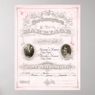 Póster Certificado de Matrimonio de Mariposa Rosa y Marfi