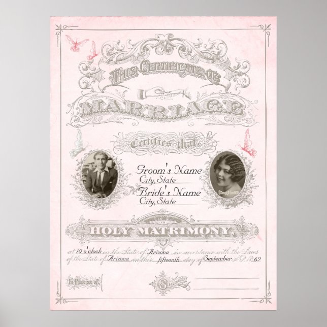 Póster Certificado de Matrimonio de Mariposa Rosa y Marfi (Frente)