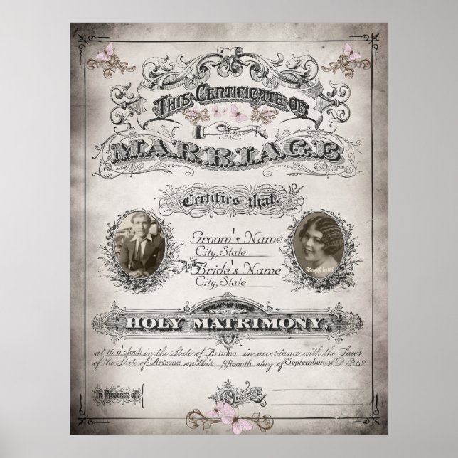 Póster Certificado de Matrimonio de Mariposa Vintage (Frente)