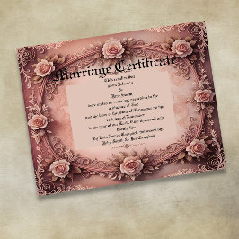 Póster Certificado de Matrimonio de Rosas Vintage Rosadas