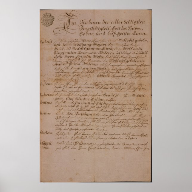 Póster Certificado de matrimonio de Wolfgang, Mozart y We (Frente)