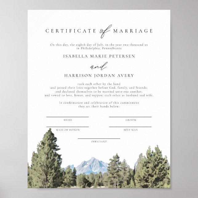 Póster Certificado de Matrimonio del Parque Nacional TETO (Frente)