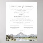 Póster Certificado de Matrimonio del Parque Nacional TETO<br><div class="desc">Este certificado de matrimonio incluye una pintura acuarela del Parque Nacional Teton. Edite con facilidad *most* frases y cambie las fuentes para que coincidan con tu ceremonia y el estilo de la pareja. Para la mejor calidad, asegúrate de usar papel mate para que las firmas no se ensucien. Este certificado...</div>