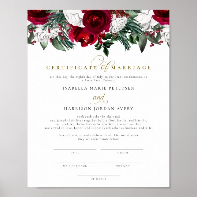 Póster Certificado de Matrimonio Floral de Invierno de Bo (Frente)
