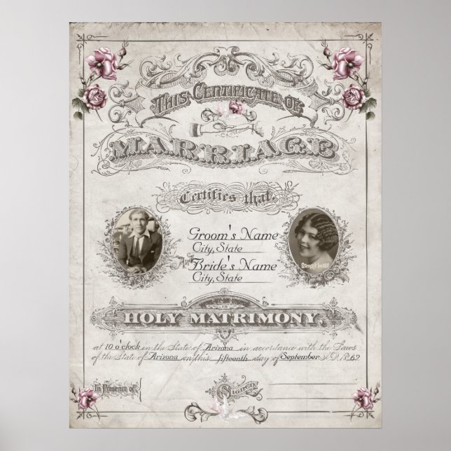 Póster Certificado de Matrimonio Vintage de Rosas Antigua (Frente)
