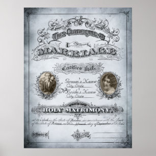 Póster Certificado de Matrimonio Vintage de Tono Azul