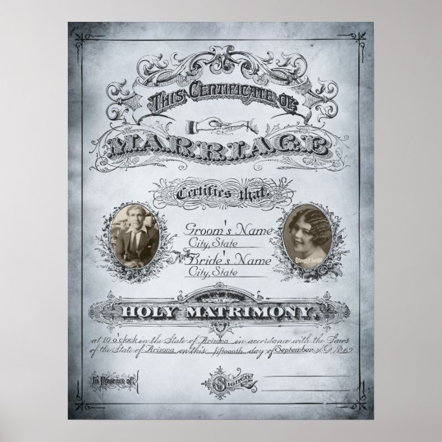 Póster Certificado de Matrimonio Vintage de Tono Azul (Frente)
