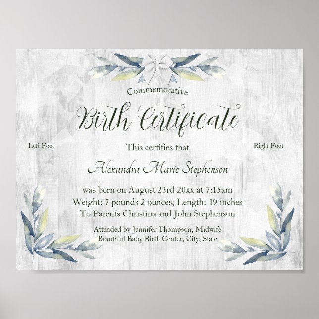 Póster Certificado de nacimiento de huella de Recién naci (Frente)