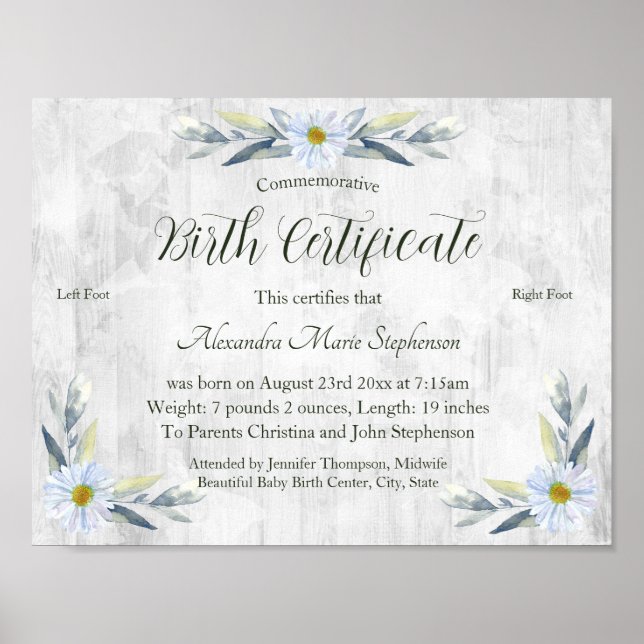 Póster Certificado de nacimiento de huella de Recién naci (Frente)