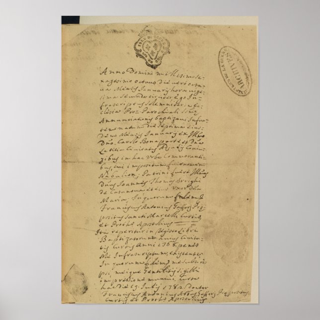 Póster Certificado de nacimiento de Napoleón, 1769 (Frente)