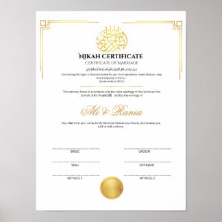 Póster Certificado de Nikah dorado elegante con sello