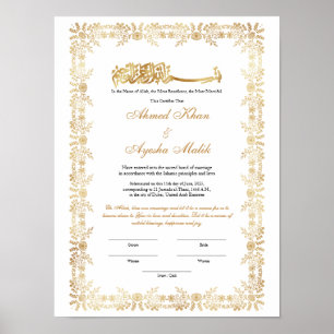 Póster Certificado de Nikkah dorado para boda islámica mu