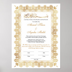 Póster Certificado de Nikkah dorado para boda islámica mu