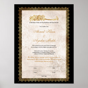Póster Certificado de Nikkah dorado para boda islámica mu