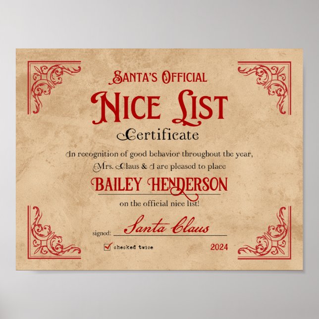 Póster Certificado de Niza aprobado por Santa Claus (Frente)