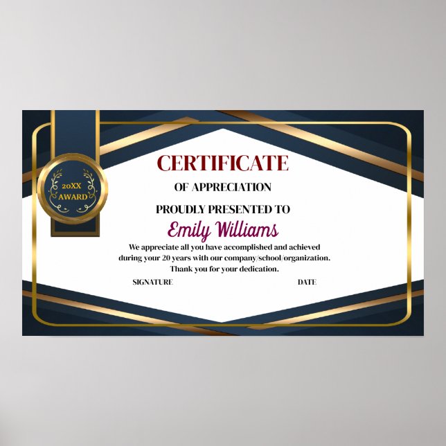 Póster Certificado de oro de logro de agradecimiento pers (Frente)