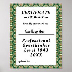 Póster Certificado de pensador excesivo profesional