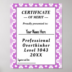 Póster Certificado de pensador excesivo profesional
