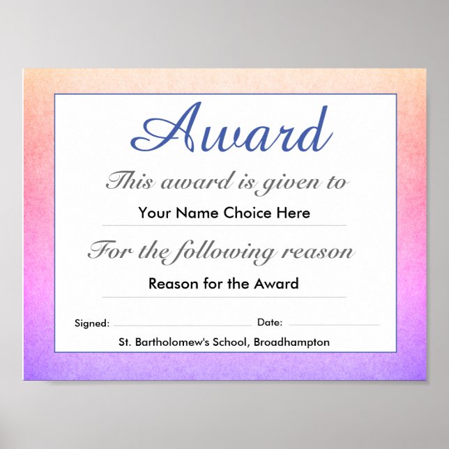 Póster Certificado de Premio a la Escuela del Niño (Frente)