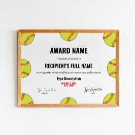 Póster Certificado de Premio a la Excelencia de Softball