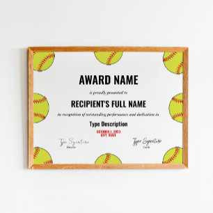 Póster Certificado de Premio a la Excelencia de Softball