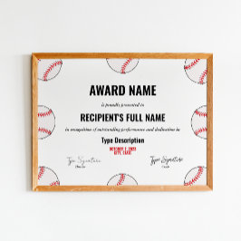 Póster Certificado de Premio al Logro del Béisbol - Insta