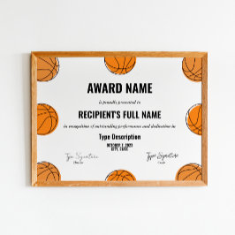 Póster Certificado de premio de baloncesto, premio mvp