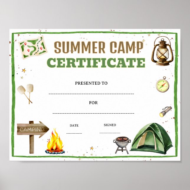 Póster certificado de premio de campamento de verano edit (Frente)