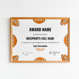 Póster Certificado de Premio de Fútbol, MVP