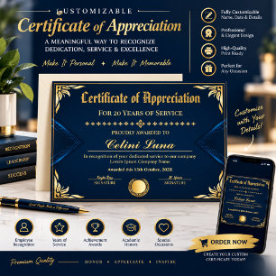 Póster Certificado de Premio por Años de Servicio en Azul