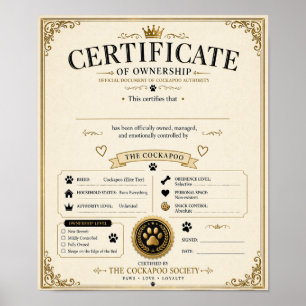 Póster Certificado de Propietario de Cockapoo Personaliza