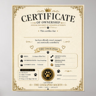 Póster Certificado de Propietario de Cockapoo Personaliza