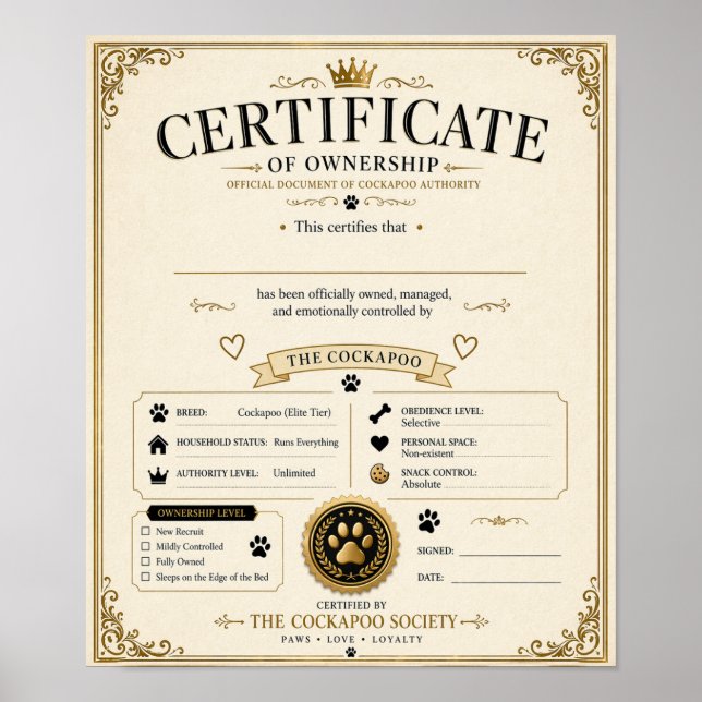 Póster Certificado de Propietario de Cockapoo Personaliza (Frente)